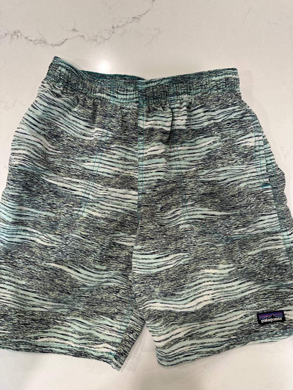 Patagonia Mint & Black Wave-Pattern Swim Shorts